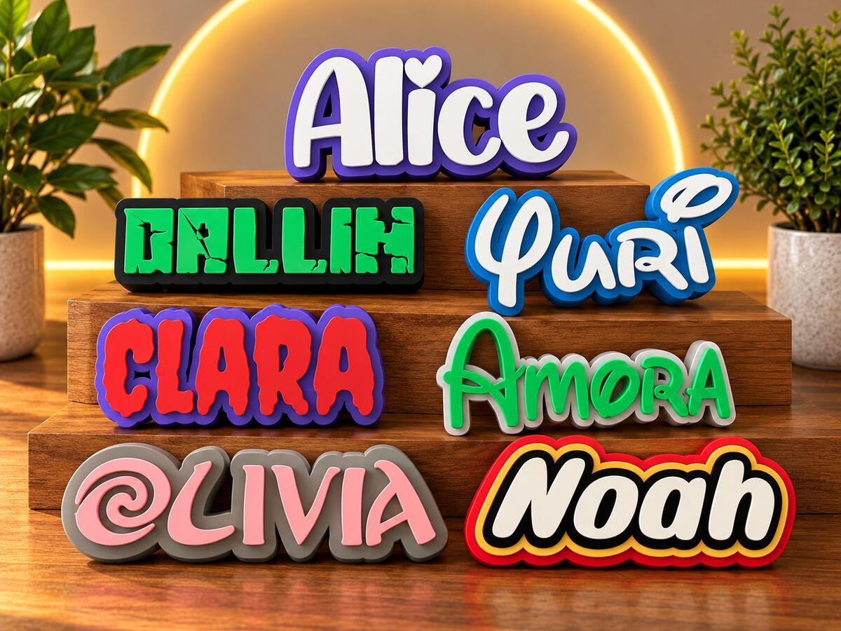 Custom 3D printed personalized name signs in different colors and styles